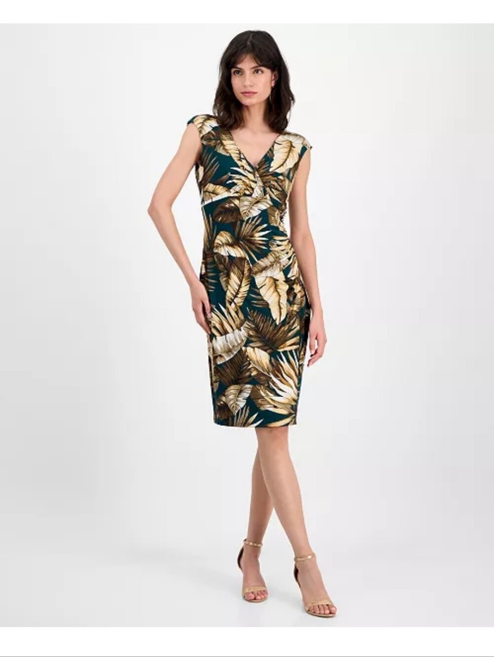 Connected Apparel Tropical Leaf Print Faux Wrap Dress Women’s Size 8 Teal Brown